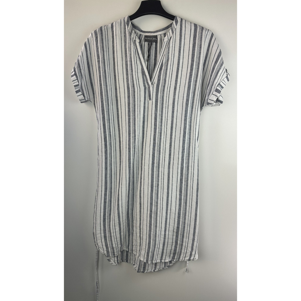 Michael Stars 100% Linen Amelee Beach Stripe Caftan Dress Tie Women's Medium - Picture 11 of 12